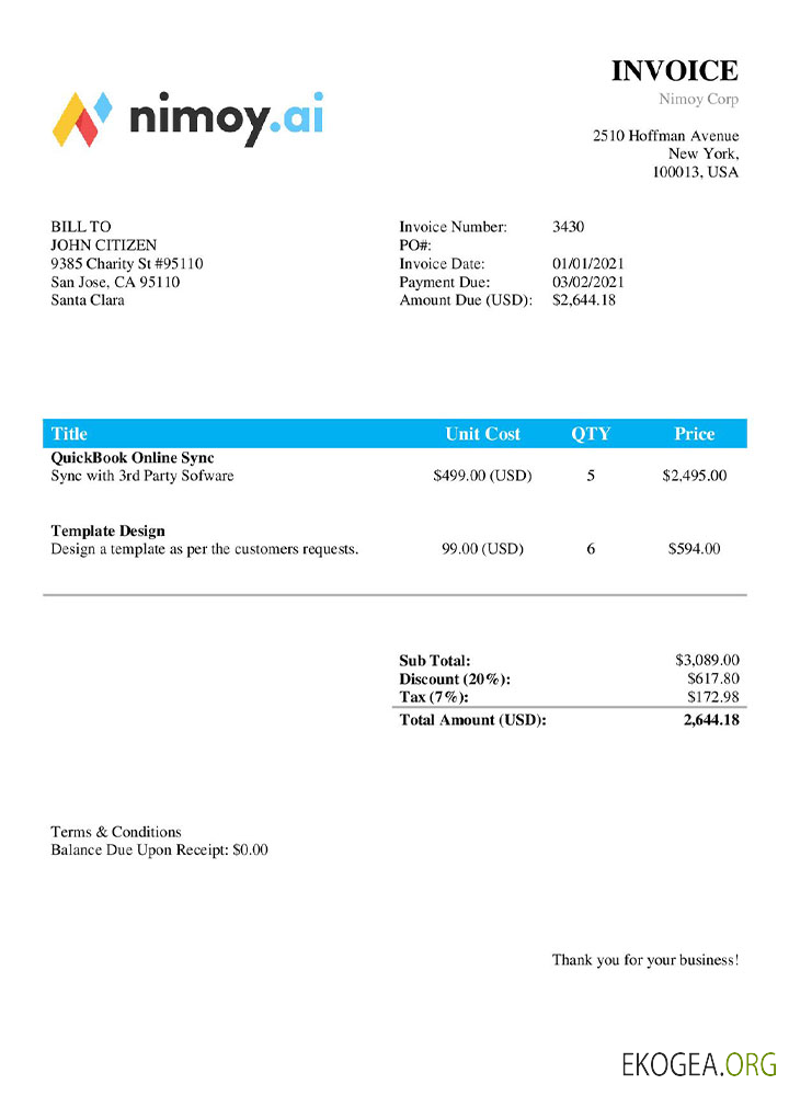 Modèle de facture USA Nimoy Corp